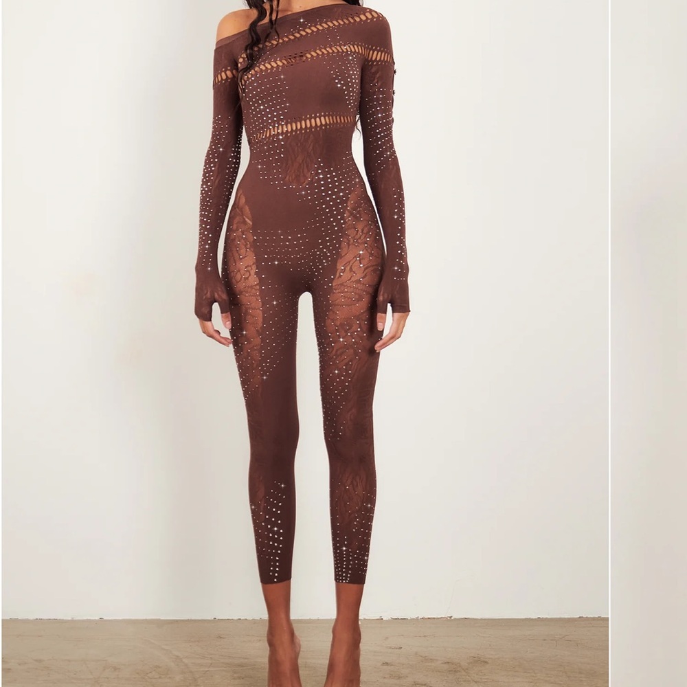 IVY LONG RHINESTONE JUMPSUIT OLD MONEY BROWN - POSTER GIRL